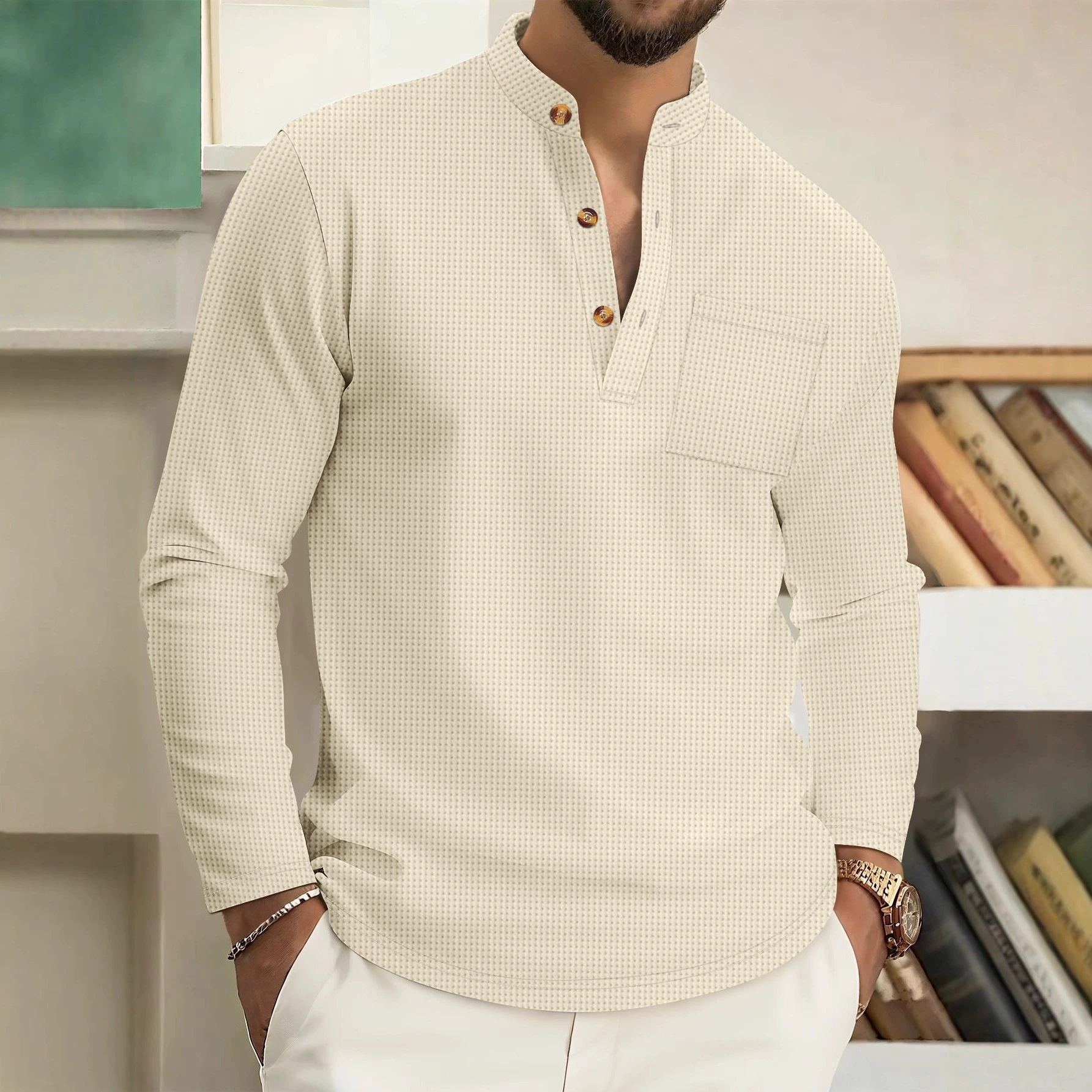 ID:17432 - New waffle-knit solid color stand collar pocket long placket button long sleeve polo shirt